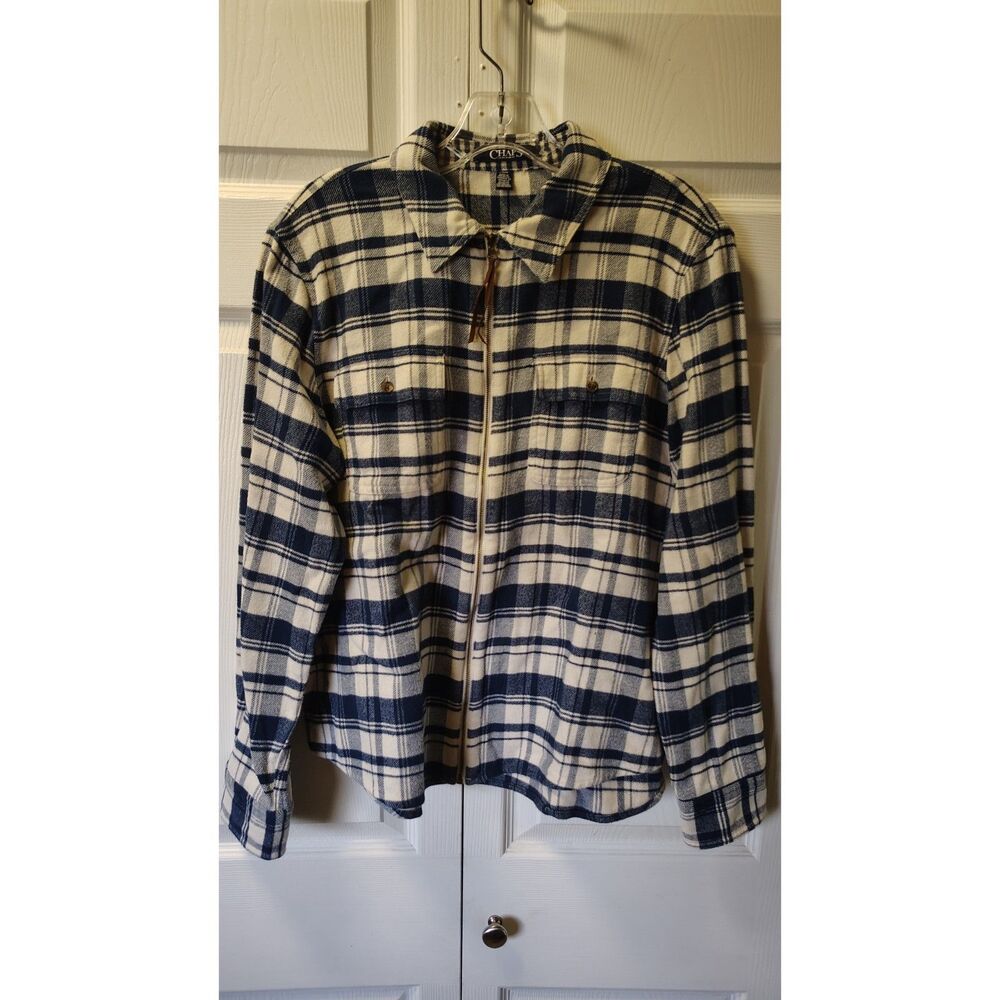 Chaps Denim Men's Size Large Zip Plaid Flannel Shirt Jacket Cream Navy Shacket